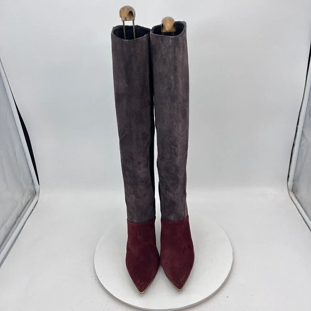 Tory Burch Lila 90mm Women Size 6M Burgundy Grey Black Suede Knee High Boot
